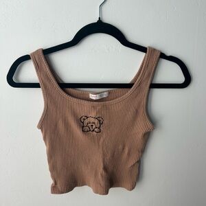 ROMWE Bear Embroidered Ribbed Tank Top - Brown